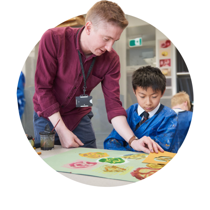 A teacher helping a student with art 