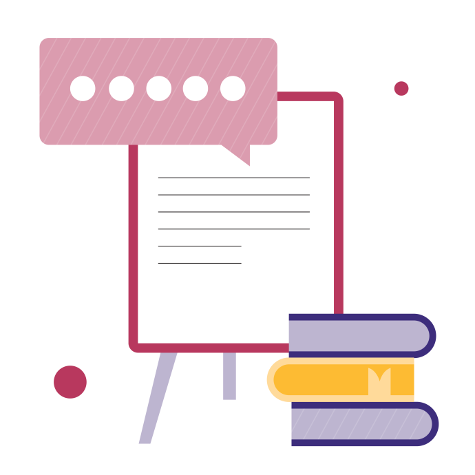 White document next to purple and yellow books and a speech bubble illustration